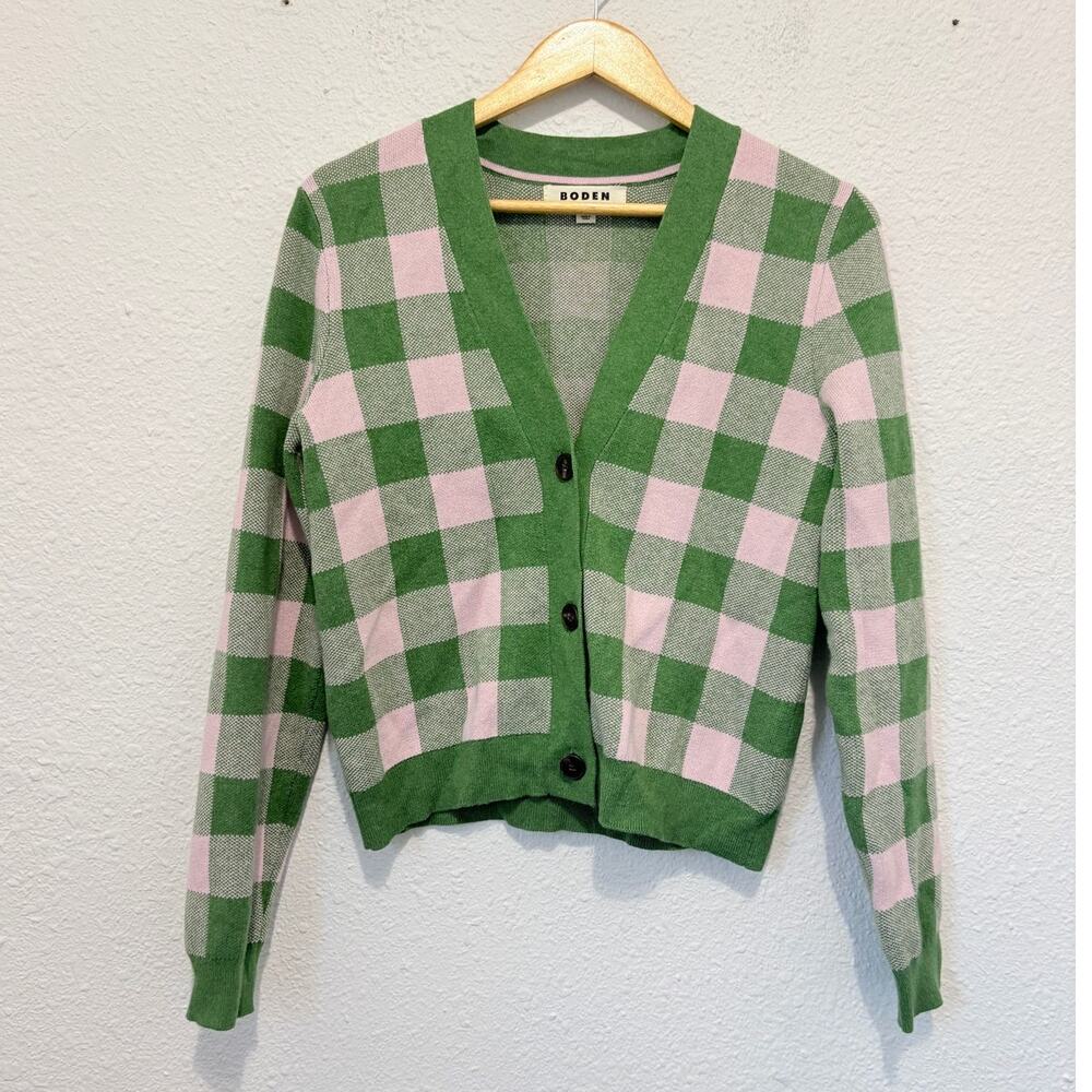Boden Gingham Cardigan Preppy Pink Green Cottage Feminine Cotton Cashmere